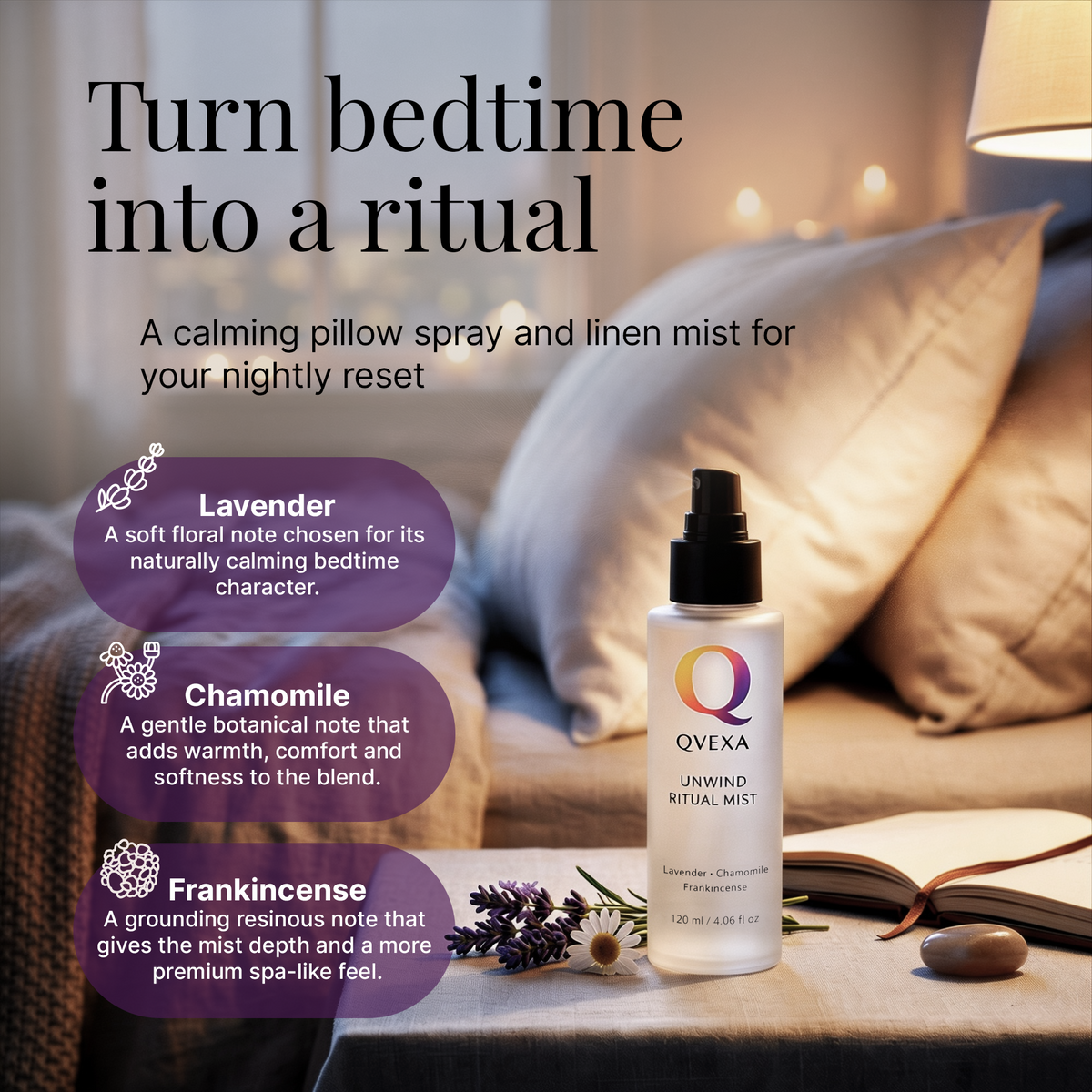 Qvexa Unwind Ritual Mist bottle with lavender, chamomile, and frankincense notes on a bedroom setting.