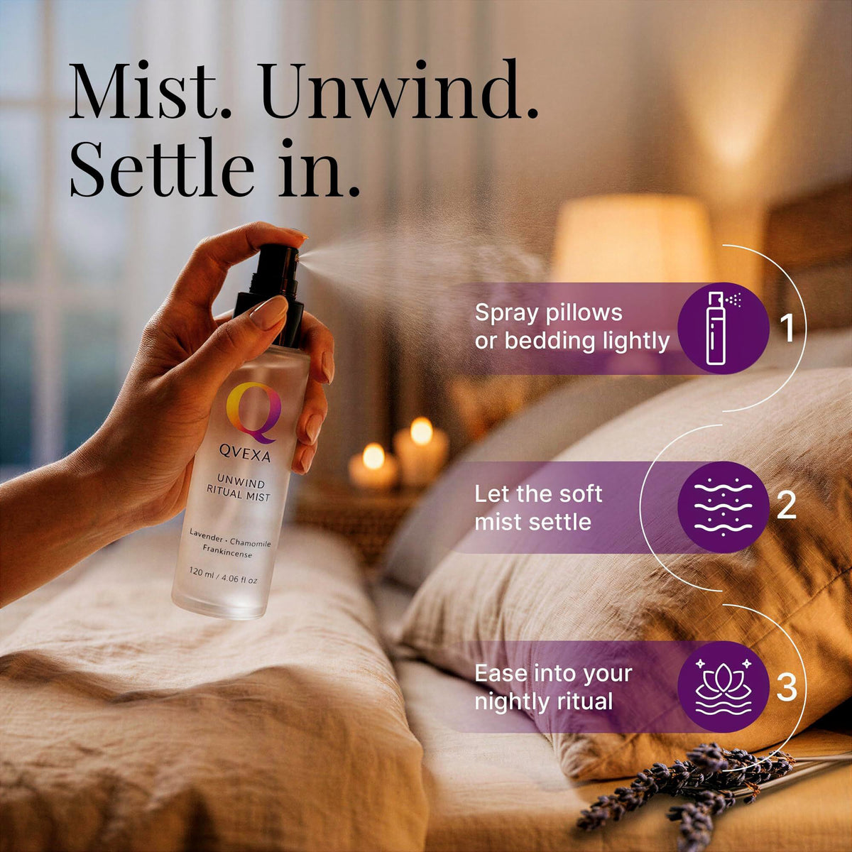 A hand holds a bottle of QVEXA Ritual Mist, spraying a fine mist over a cozy bed with pillows and blankets in a warmly lit bedroom. Text on the image reads 'Mist.