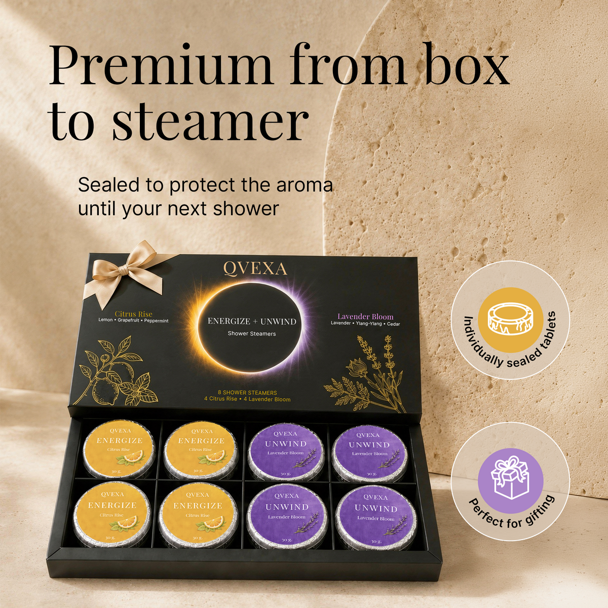 QVEXA shower steamers gift set in a black box with six individually sealed round packets, shown open on a beige textured background with promotional text and circular callouts.