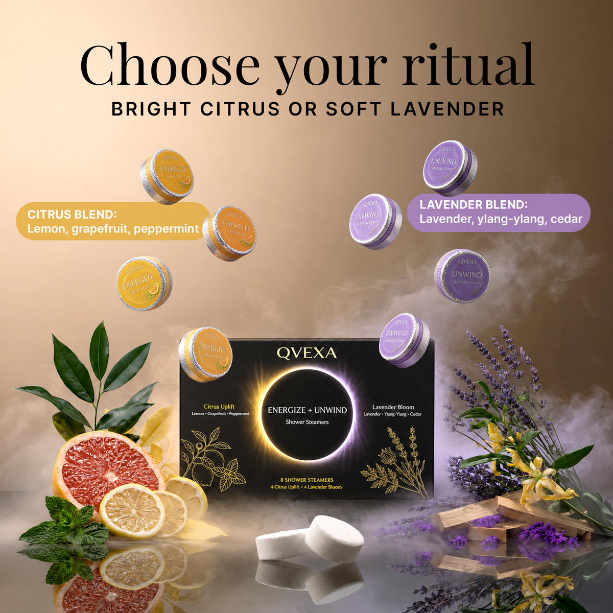 QVEXA lavender and citrus blend  8-pack essential oil set, featuring a black central tin labeled 'Energize + Unwind' surrounded by floating round tins of citrus and lavender blends, with citrus slices, grapefruit, lavender sprigs, and white oil droplets on a warm beige background.