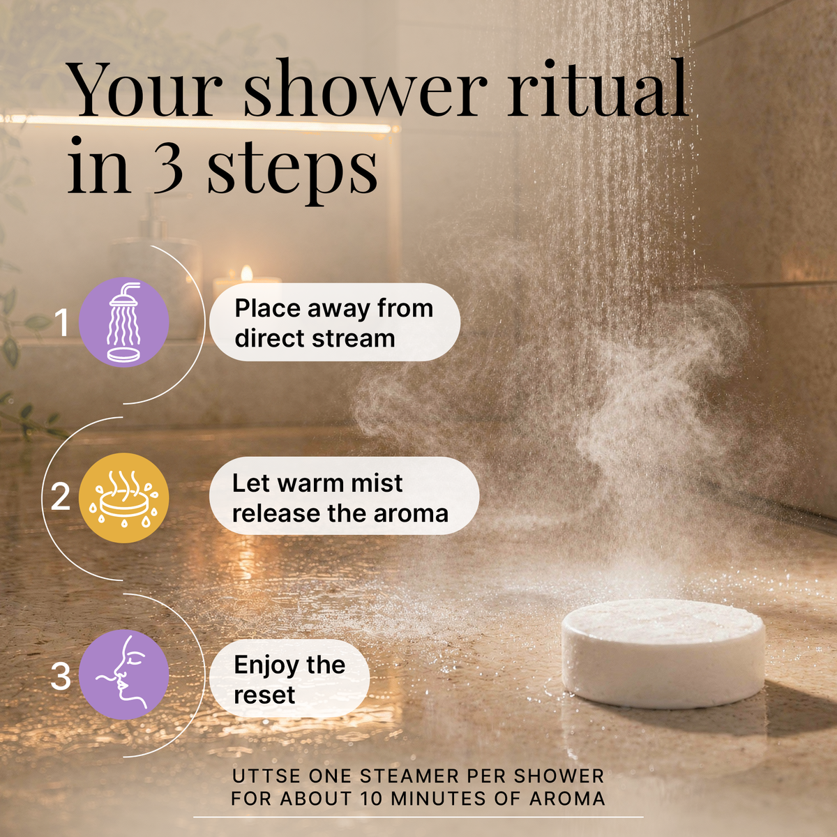 Instructional graphic titled 'Your shower ritual in 3 steps' showing a white shower steamer on a warm bathroom floor with shower water spraying overhead. Text lists three steps: place away from direct stream, let warm mist release the aroma, and enjoy the reset.